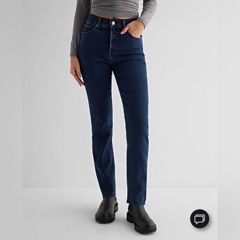 Express Women’s High Waisted Dark Wash Raw Hem ‘90s Slim Jeans